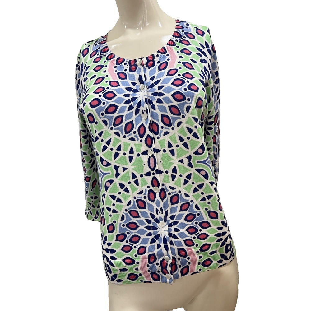 Talbots Petites Blue Green Mosaic Sunflower Print‎ Cardigan PS